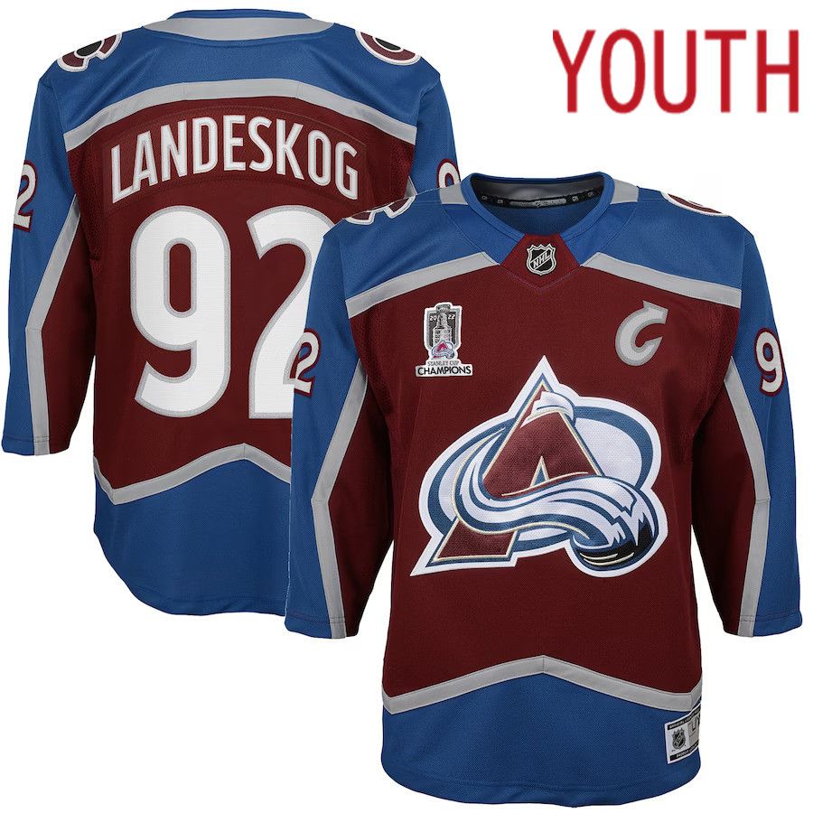 Youth Colorado Avalanche 92 Gabriel Landeskog Burgundy Home 2022 Stanley Cup Champions Premier Player NHL Jersey